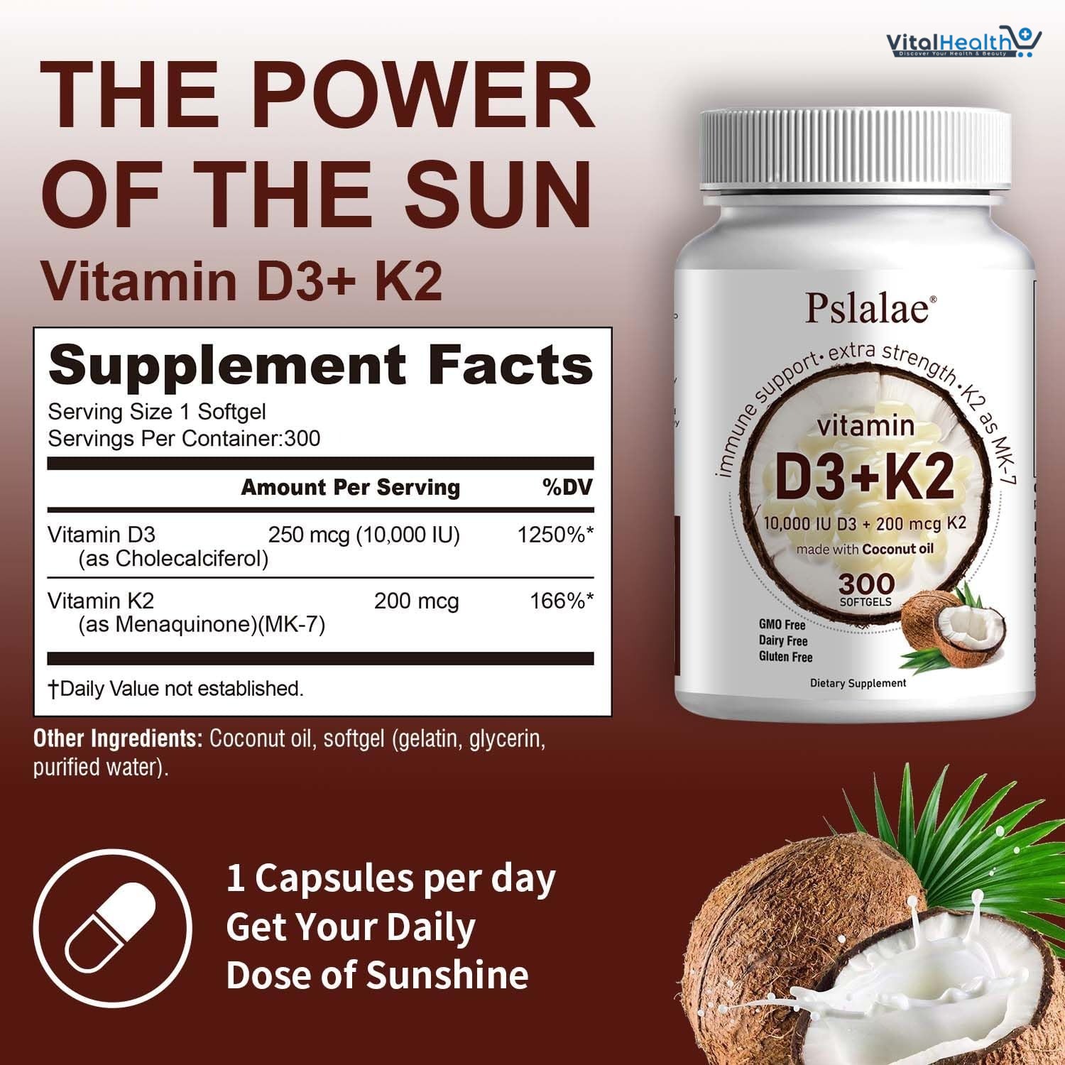 Pslalae 2-in-1 Vitamin D3 K2 Supplement Coconut Oil Softgels, 10000 IU D3 &amp; 200 MCG K2, thumbnail 6