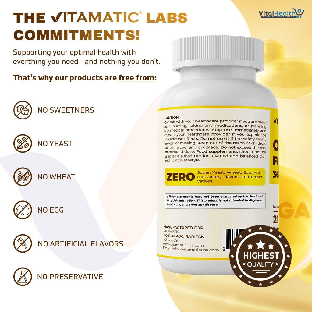 Vitamatic Triple Strength Omega 3 Fish Oil 3600mg Per Serving, 2160mg Omega 3 Fatty Acids, 1296mg EPA + 864mg DHA, Burpless Lemon Flavor, 180 Softgels thumbnail 2