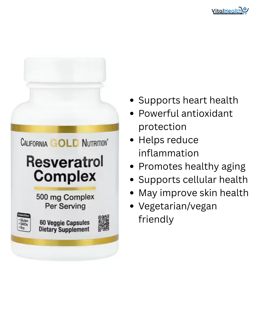 California Gold Nutrition, Resveratrol Complex with Grape Seed Extract, Red Wine Extract, and trans-Resveratrol, 60 Veggie Capsules thumbnail 4