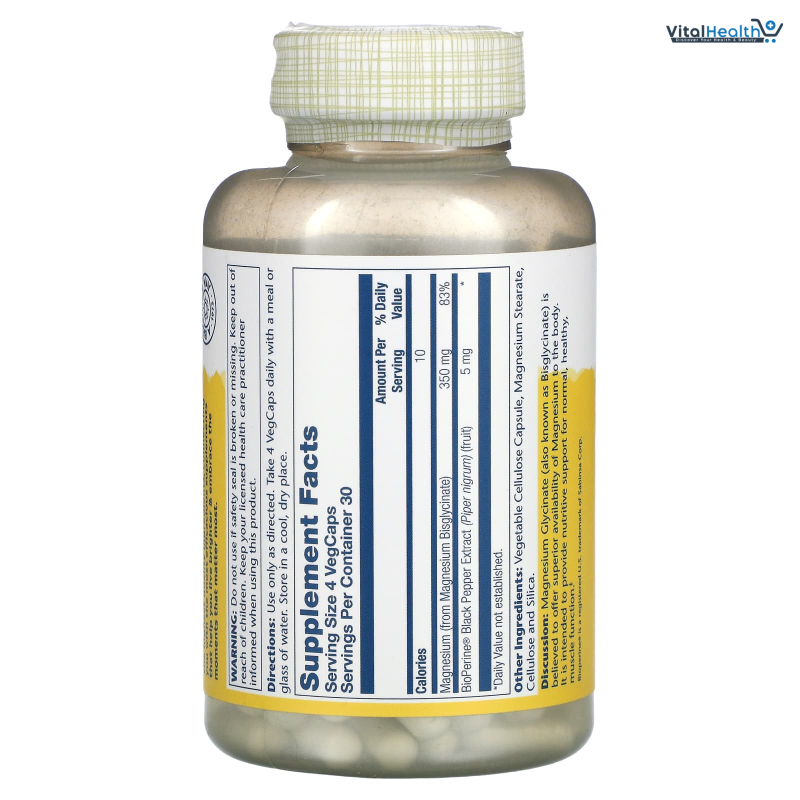 SOLARAY Magnesium Glycinate Capsules, Chelated Magnesium Bisglycinate w/BioPerine, Higher Absorption Magnesium Supplement - Bones, Muscles, Heart Support, 120 VegCaps thumbnail 3