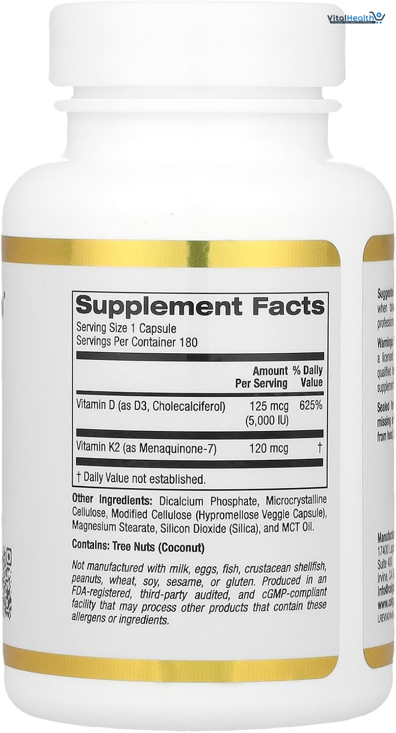 California Gold Nutrition Vitamin D3 + K2 as MK-7, 180 Veggie Capsules thumbnail 3