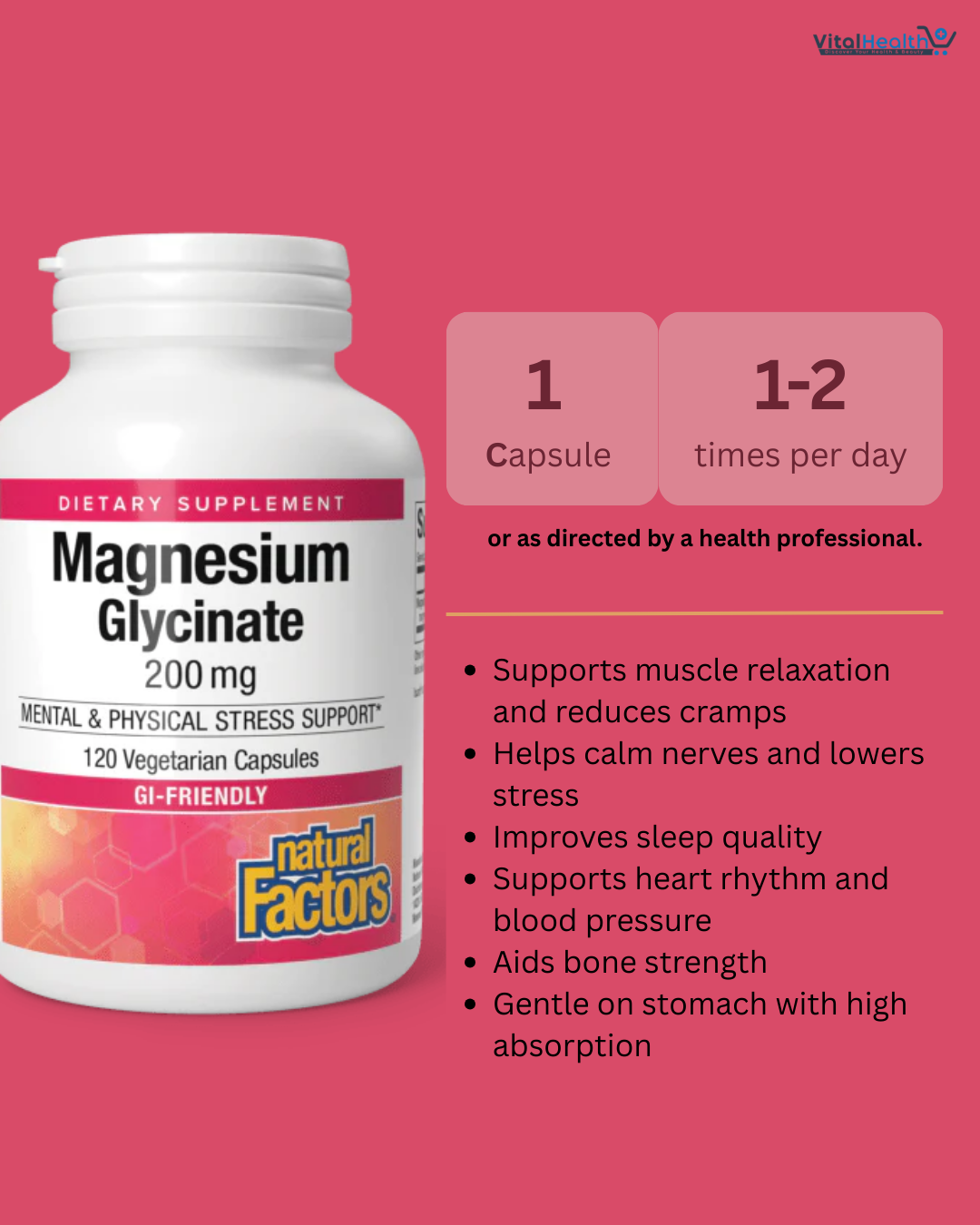 Natural Factors Magnesium Glycinate 200 mg 120 Vegetarian Capsules thumbnail 2