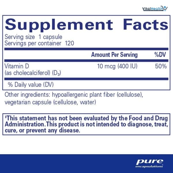 Pure Encapsulations Vitamin D3 10 mcg (400 IU) - Supplement to Support Bone, Joint, Breast, Heart, Colon &amp; Immune Health - with Premium Vitamin D - 120 Capsules thumbnail 2