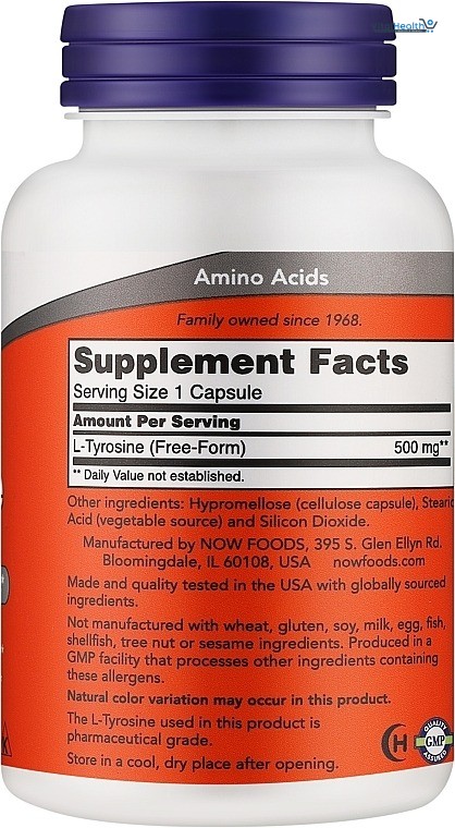 NOW Supplements, L-Tyrosine 500 mg, Supports Mental Alertness, Neurotransmitter Support, 120 Capsules thumbnail 2