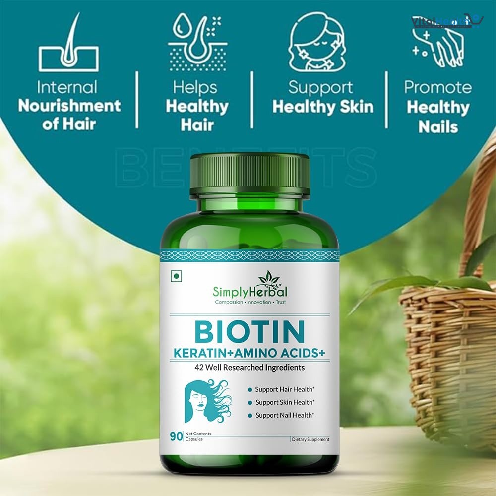 Simply Herbal Natural Biotin Vitamin B7 Capsules for Hair &amp; Skin Enriched With Keratin + Multivitamin + Amino For Men Women (90 Capsules) thumbnail 3