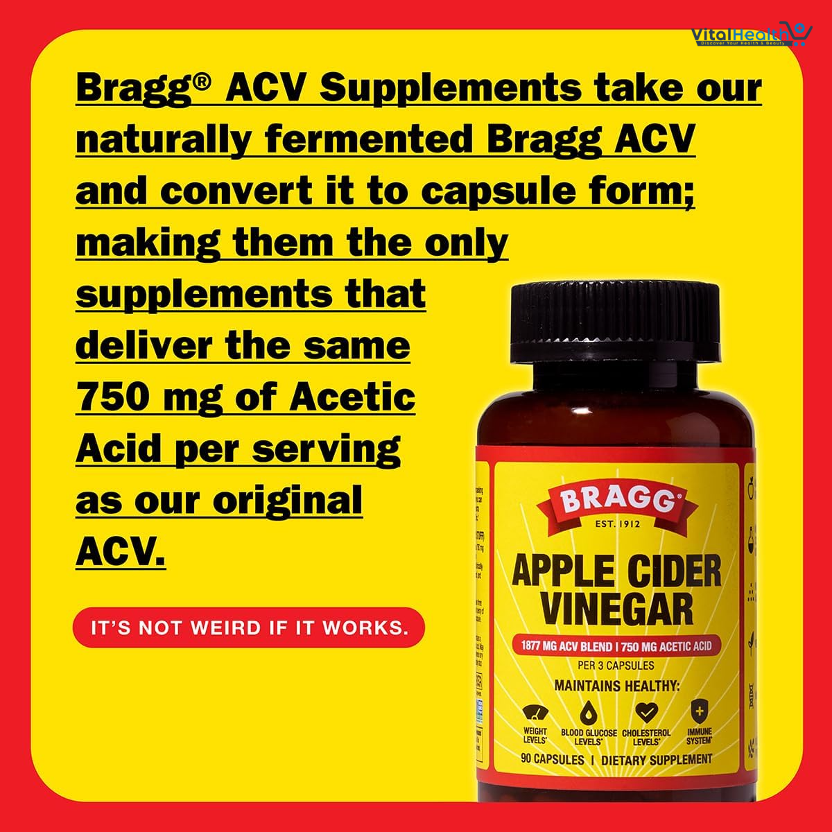 Bragg Organic Apple Cider Vinegar Capsules with Vitamin D and Zinc - 90 Count - Supports Immune System thumbnail 2