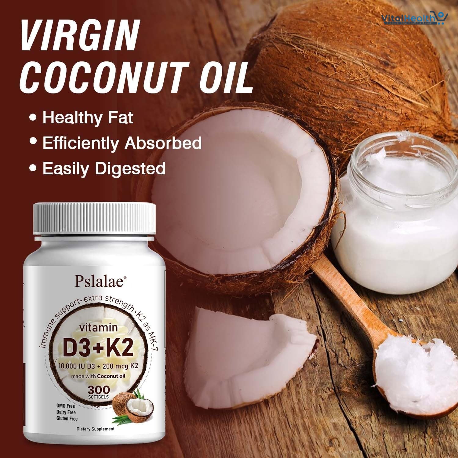 Pslalae 2-in-1 Vitamin D3 K2 Supplement Coconut Oil Softgels, 10000 IU D3 &amp; 200 MCG K2, thumbnail 3