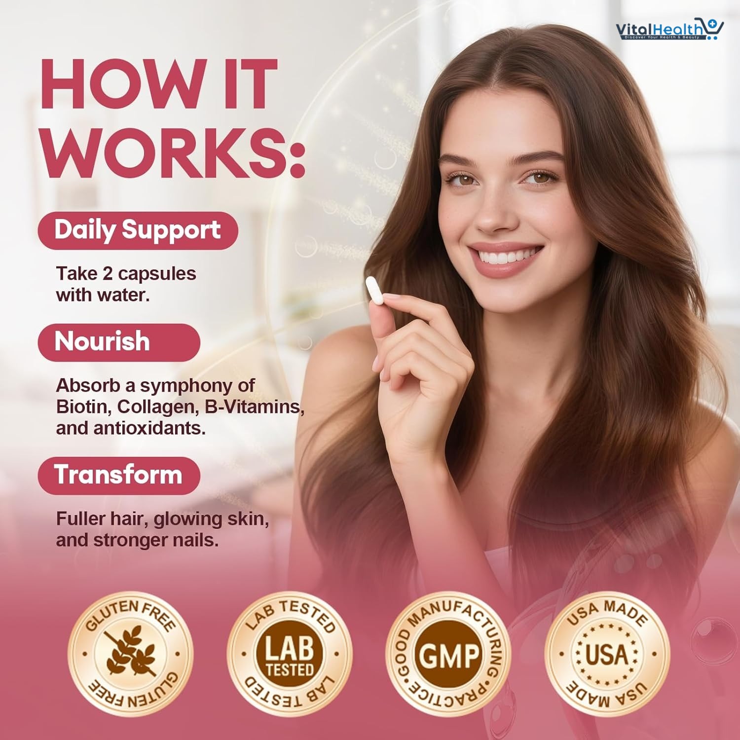 Hair Skin and Nails Vitamins with Biotin, Collagen &amp; Hyaluronic Acid, Supports Healthy Hair Growth, Strong Nails &amp; Glowing Skin, Biotin Supplement with Vitamins A, C, D3, E, B Complex &amp; Minerals thumbnail 5