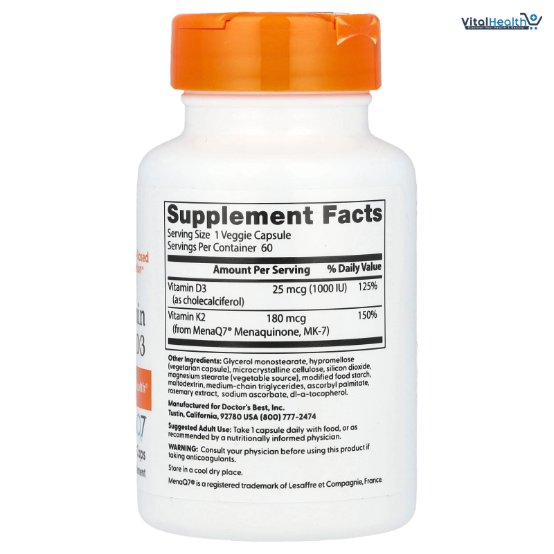 Doctor's Best Natural Vitamin K2 MK-7 Plus D3 - VIT D3 and K2 MK7 Supplement for Men &amp; Women 60 Veg Caps thumbnail 5