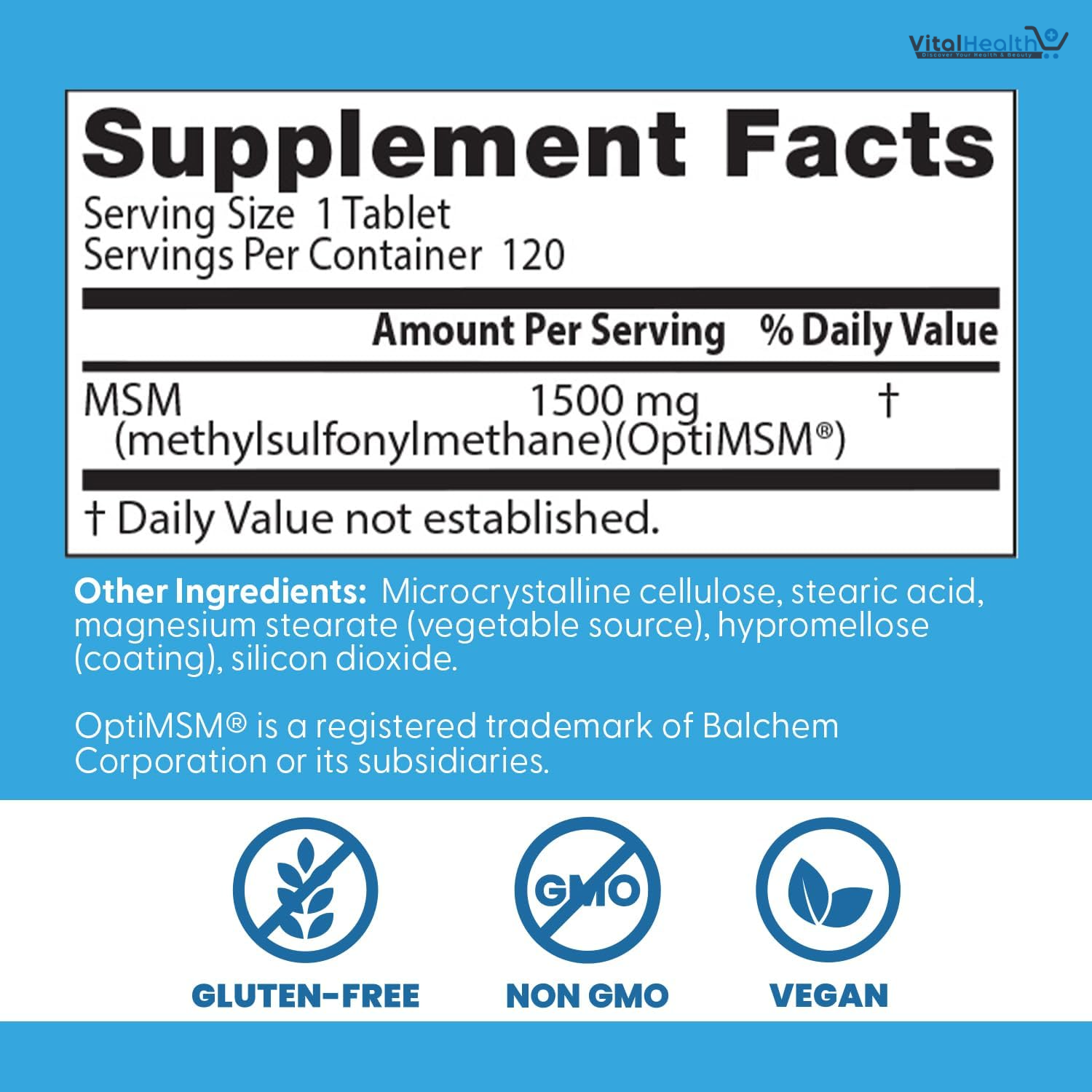 Doctors Best MSM, Supports Hair, Skin, Nails, &amp; Joints, Non-GMO, Gluten Free, Vegan 120 Tablets thumbnail 3