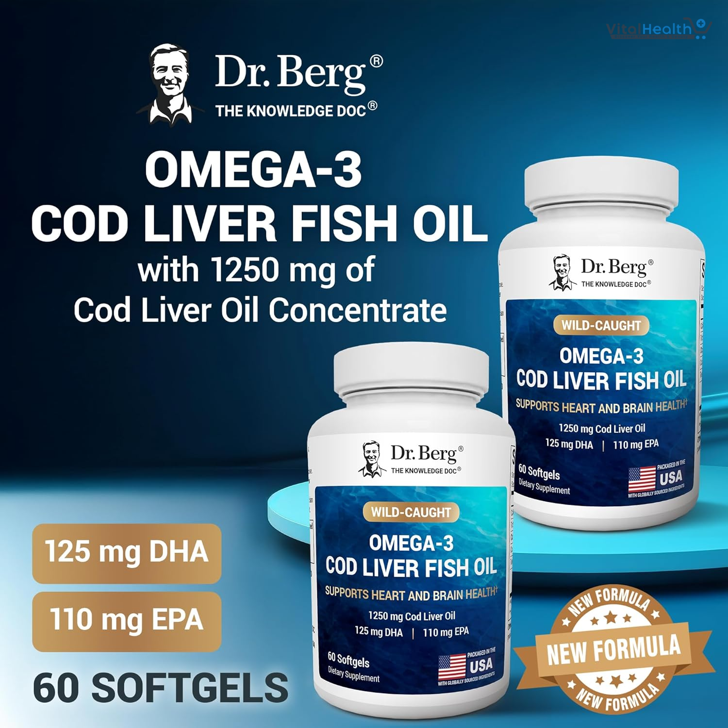 Dr. Berg Maximum Strength Omega-3 Cod Liver Fish Oil (1250 mg) from Wild-Caught Cod - Lemon-Flavored Omega-3 Fish Oil for Women &amp; Men - EPA DHA Supplement – 60 Softgels thumbnail 2