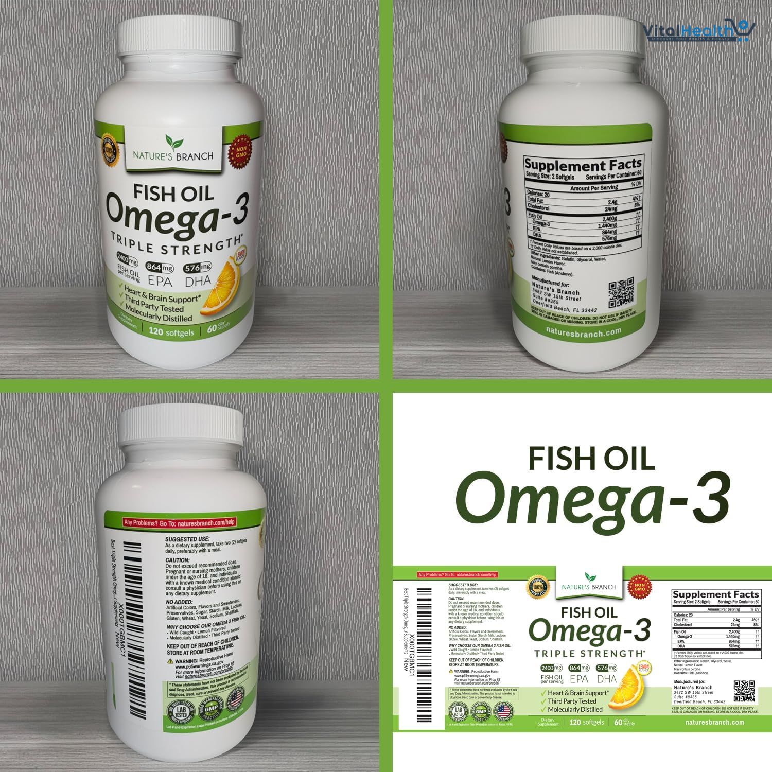Triple Strength Omega 3 Fish Oil Supplements 2400mg | 180 Capsules, Burpless High Potency Lemon Flavor, High EPA DHA for Men &amp; Women thumbnail 2
