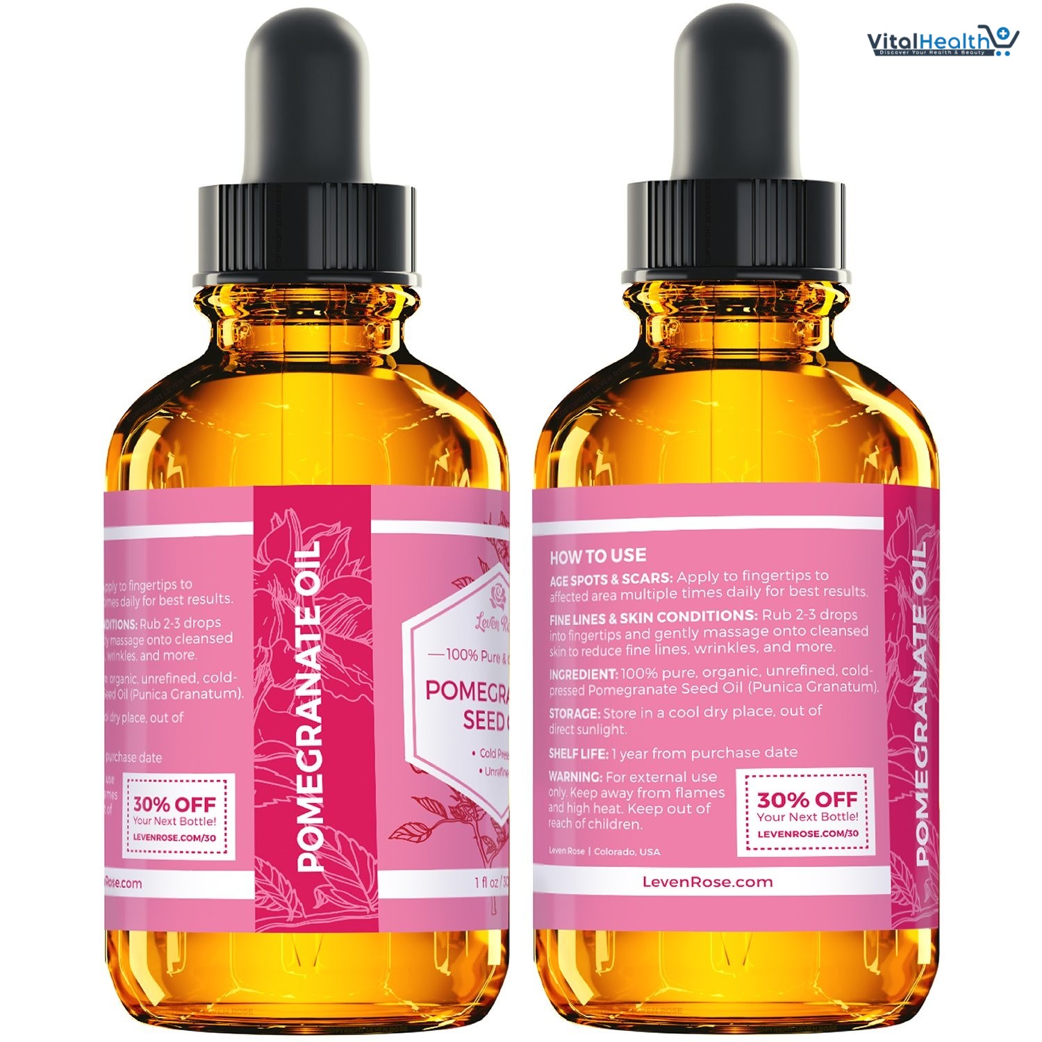 Leven Rose Pomegranate Seed Oil, 100% Pure Unrefined Cold Pressed Antioxidant Moisturizer for Hair Skin and Nails 1 oz thumbnail 2