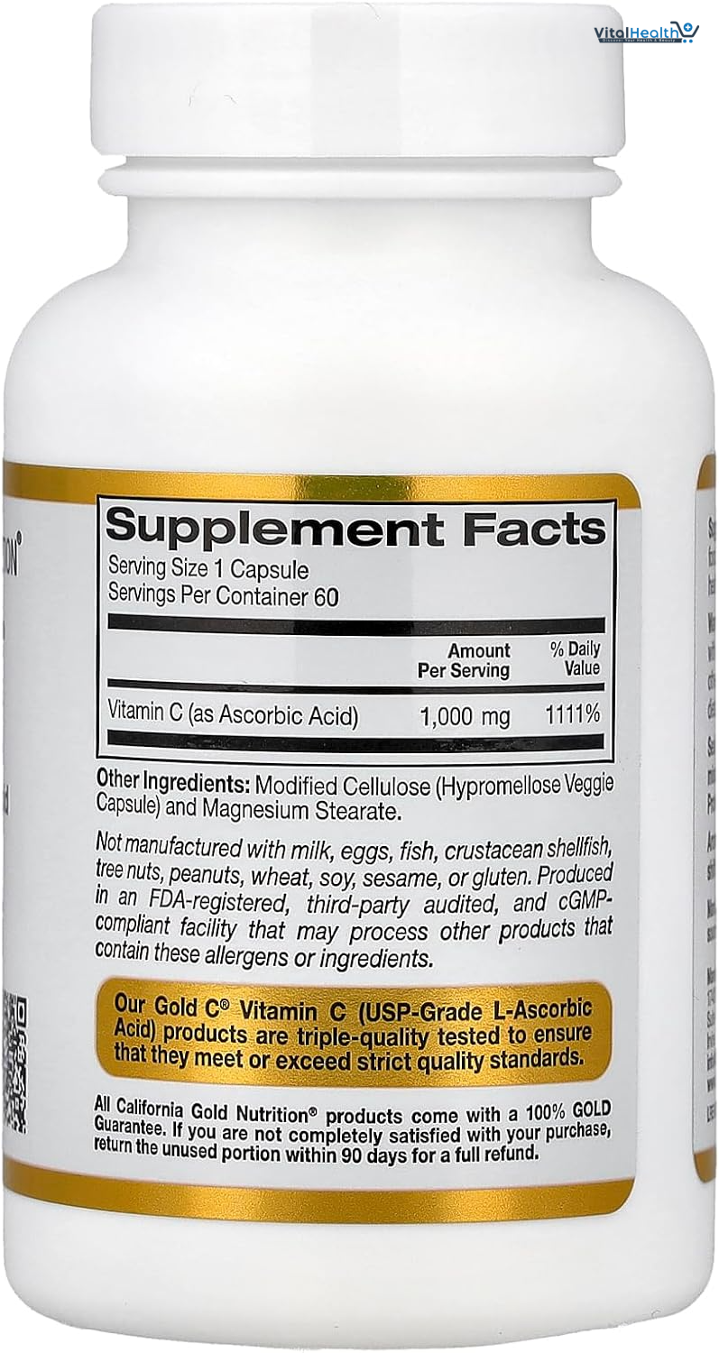 California Gold Nutrition Gold C®, USP Grade Vitamin C, 1,000 mg, 60 Veggie Capsules thumbnail 2