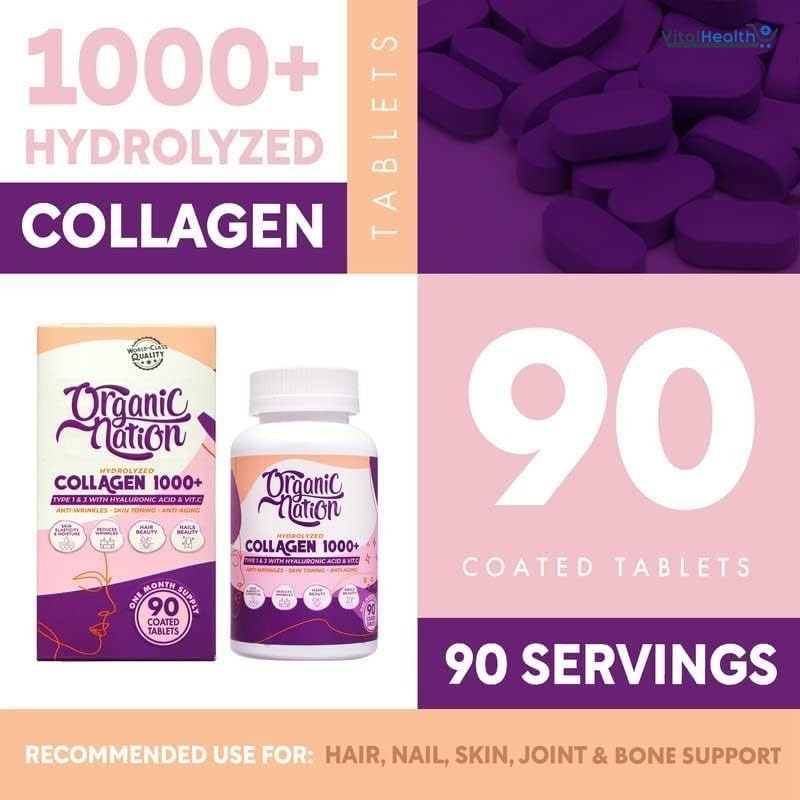 ORGANIC NATION Hydrolyzed Collagen 1000+ 90 Coated Tablets | For Silky Smooth Skin | Anti-Wrinkles | Anti-Aging With Hyaluronic Acid and Vitamin C thumbnail 4