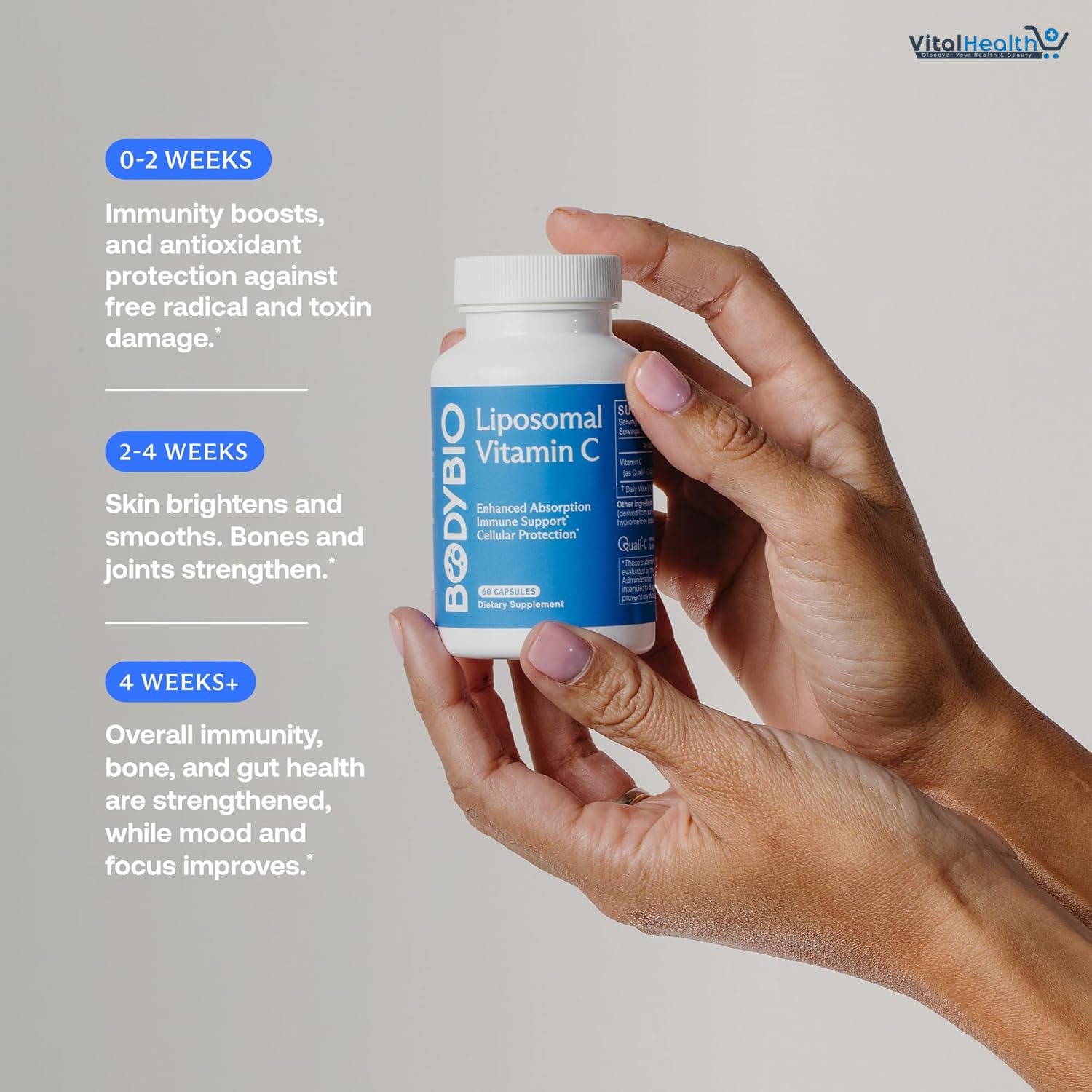 BodyBio Liposomal Vitamin C - Powerful Antioxidant for Immune Support and Cellular Health, 1,000 mg Pure Ascorbic Acid with Maximum Absorption 60 Capsules thumbnail 2