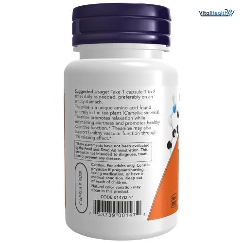 NOW Foods Supplements, L-Theanine 200 mg with Inositol, Stress Management 60 Veg Capsules thumbnail 3
