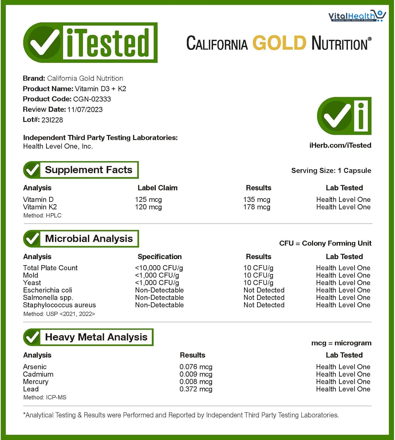 California Gold Nutrition Vitamin D3 + K2 as MK-7, 180 Veggie Capsules thumbnail 2