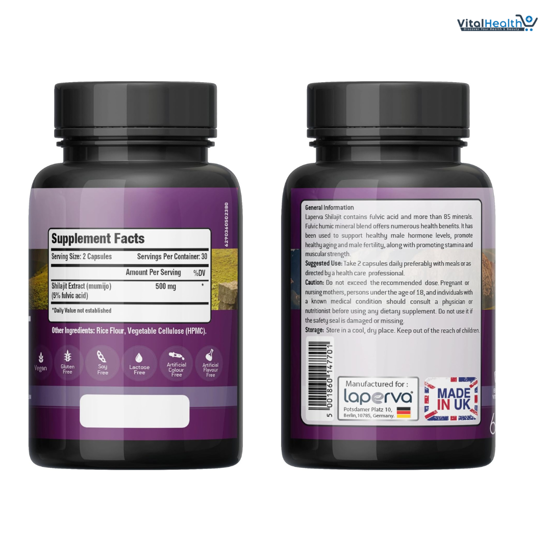 Laperva Pure Shilajit Capsules Formulated with 5% Fulvic Acid 500mg - 60 Capsules thumbnail 2
