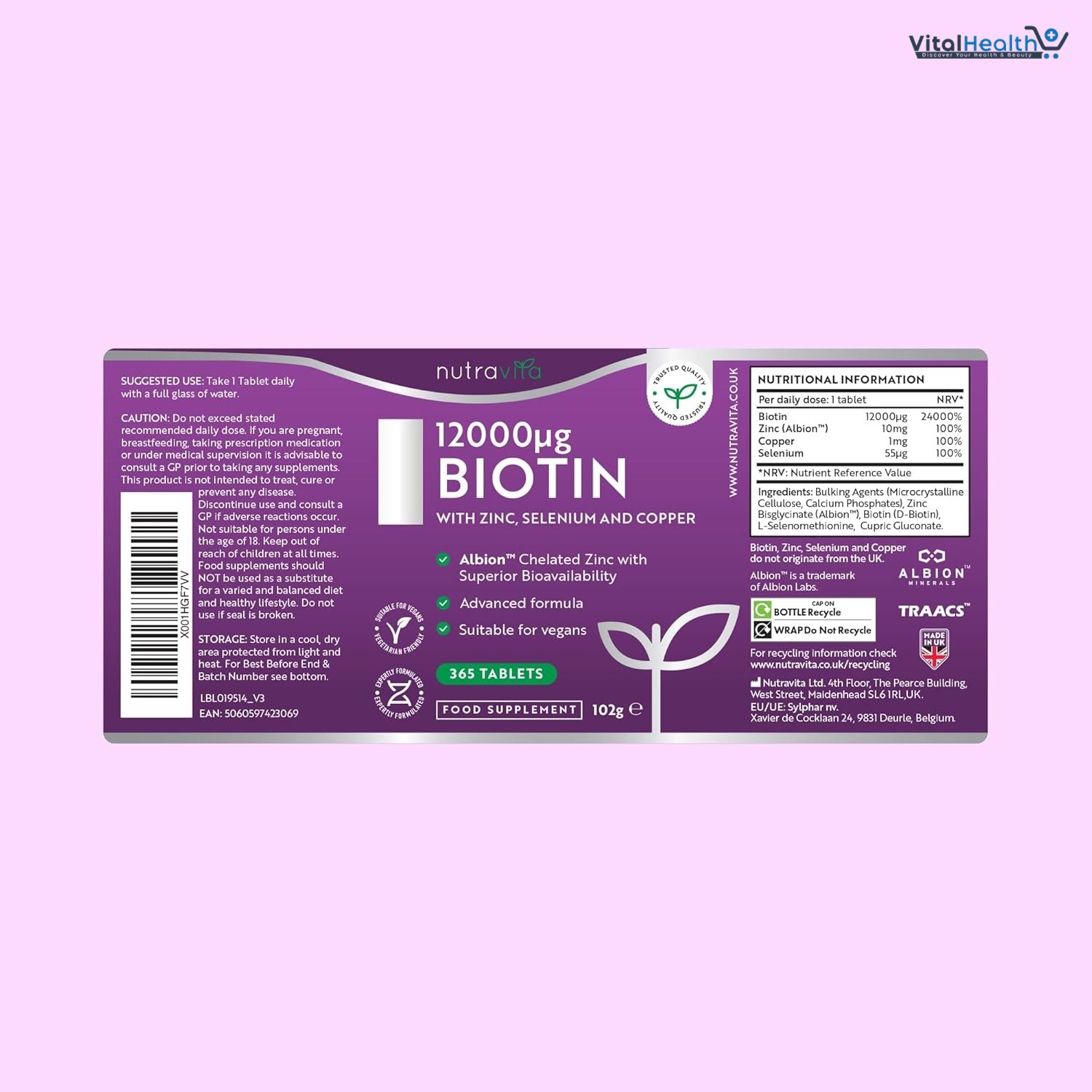 Biotin Hair Growth Supplement 12,000mcg with Zinc, Selenium &amp; Copper - Full Year Supply 365 Vegan High Strength Biotin Tablets thumbnail 2