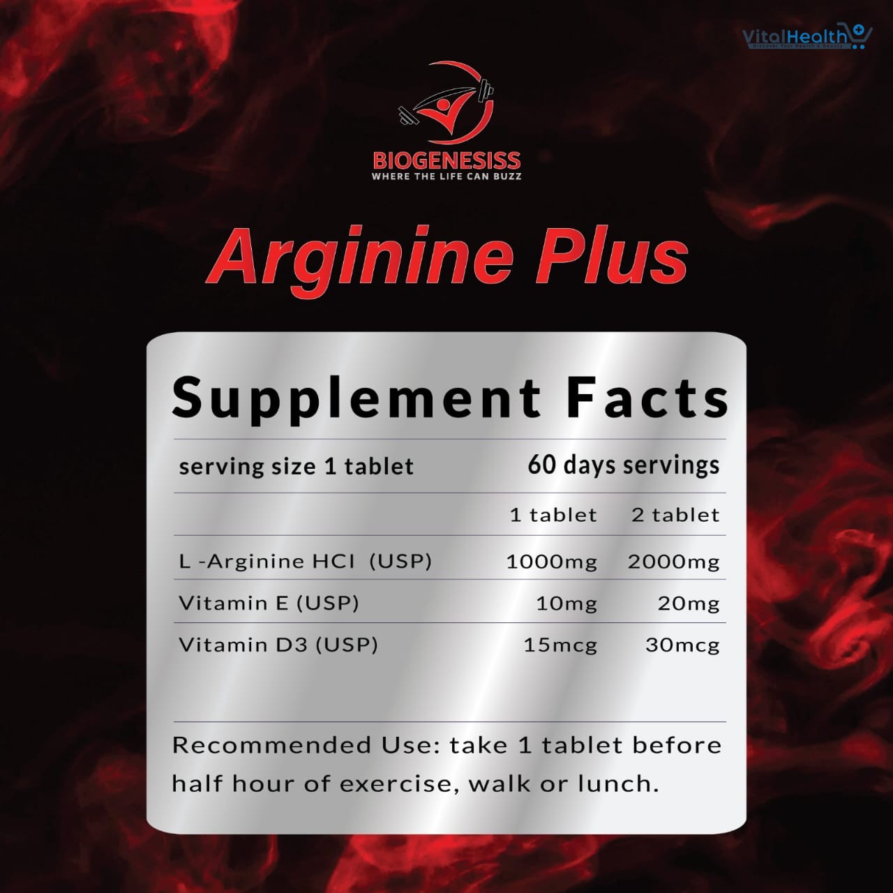 Biogenesiss Arginine Plus Premium L-Arginine Complex with Vitamins E &amp; D3 60 Tablets thumbnail 2