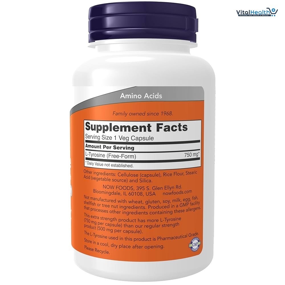 NOW Supplements, L-Tyrosine 750 mg, Supports Mental Alertness, Neurotransmitter Support, 90 Veg Capsules thumbnail 2