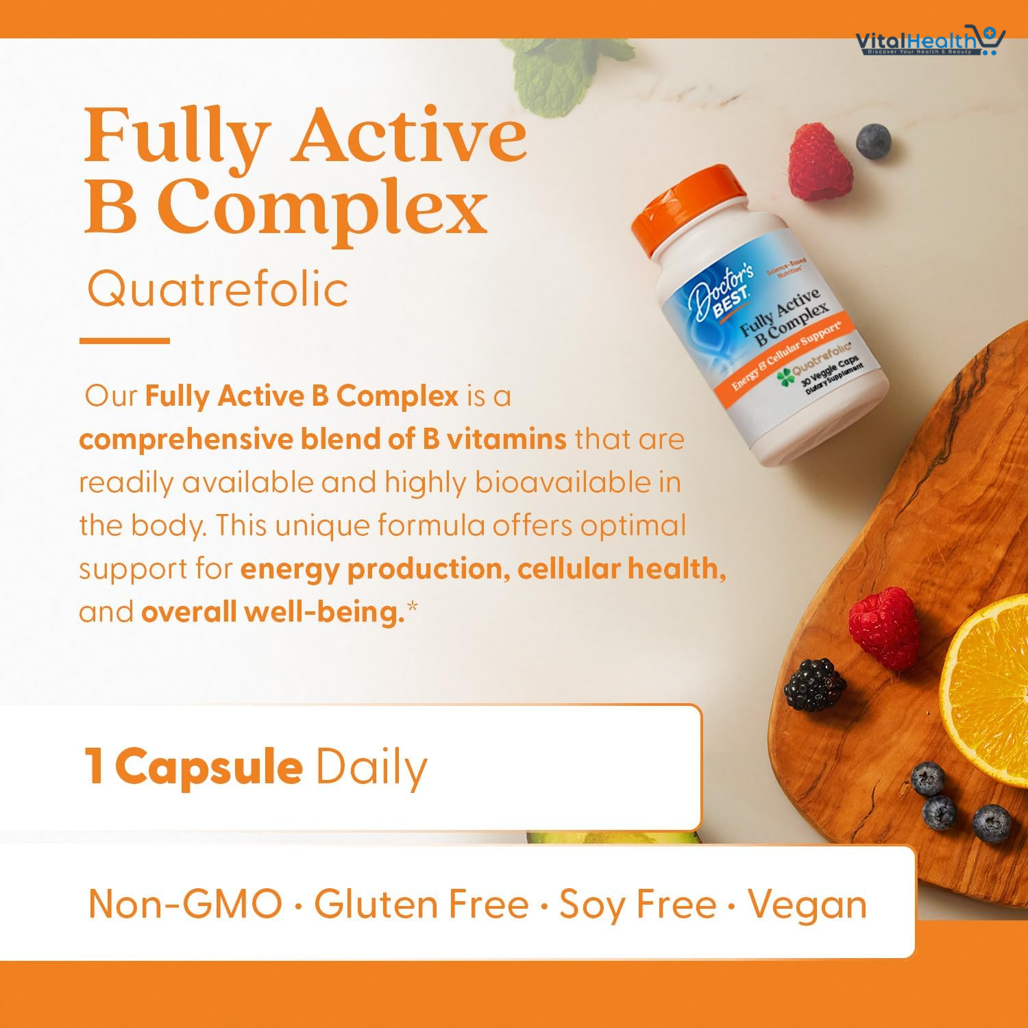 Doctors Best Fully Active B Complex, Energy &amp; Cellular Support, Non-GMO, Gluten Free, Soy Free, Vegan 30 Veggie Caps thumbnail 4