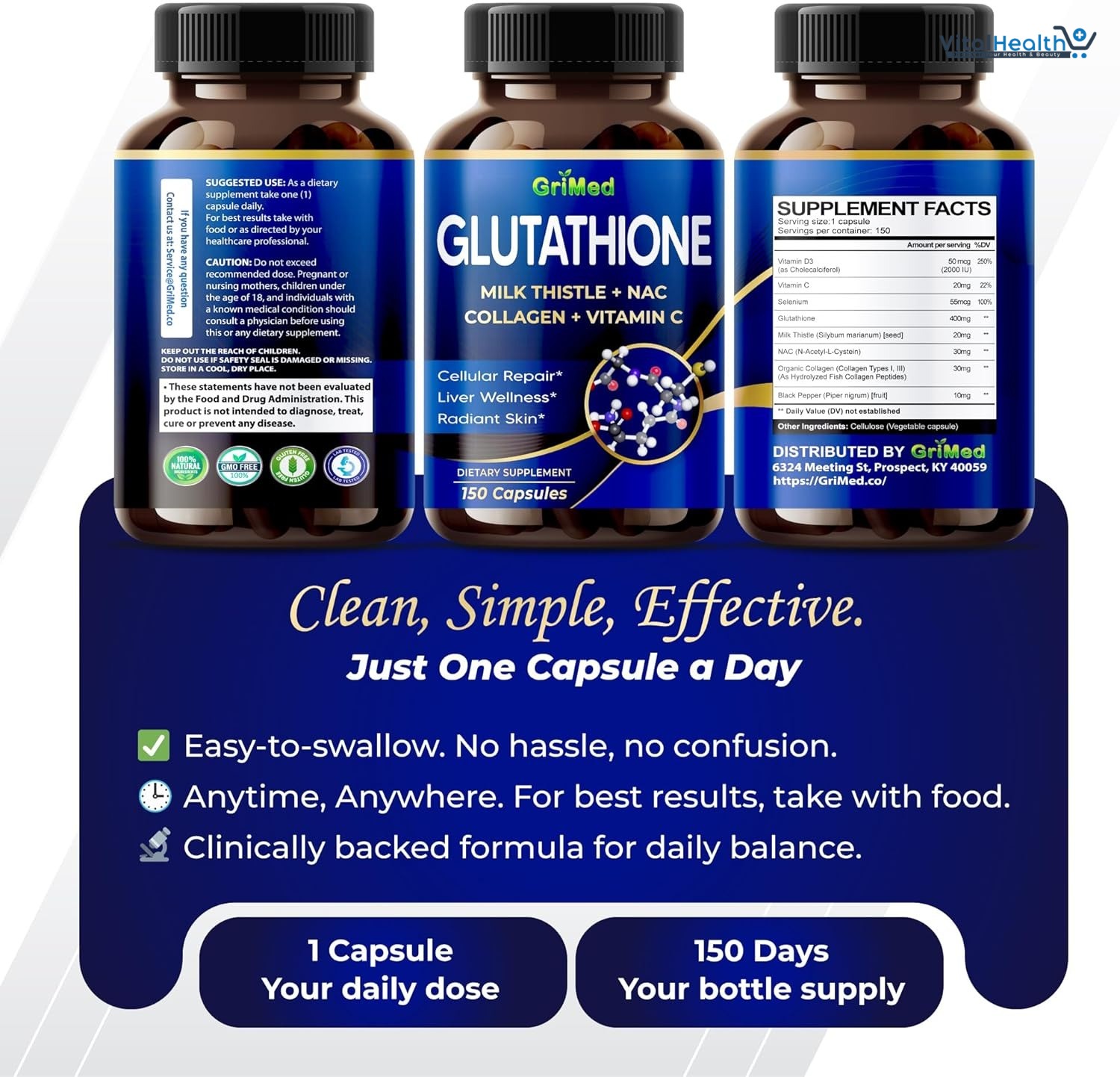 GriMed Glutathione 11,200mg - X10 Power with Milk Thistle, NAC, Collagen, Vitamin C - Cellular Wellness, Radiant Skin - USA Made &amp; Tested 150 Count thumbnail 4