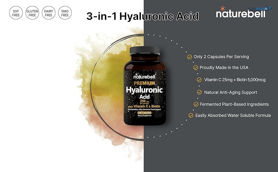 NatureBell Hyaluronic Acid Supplements 250mg | 240 Capsules, with Biotin 5000mcg &amp; Vitamin C 25mg, 3 in 1 Support - Skin Hydration, Joint Lubrication, Hair and Eye Health thumbnail 4