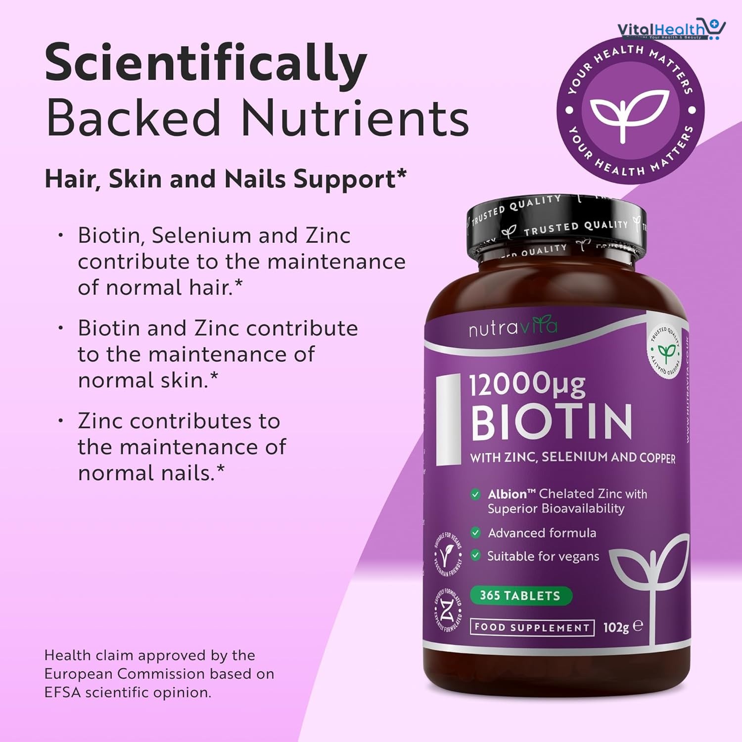 Biotin Hair Growth Supplement 12,000mcg with Zinc, Selenium &amp; Copper - Full Year Supply 365 Vegan High Strength Biotin Tablets thumbnail 3