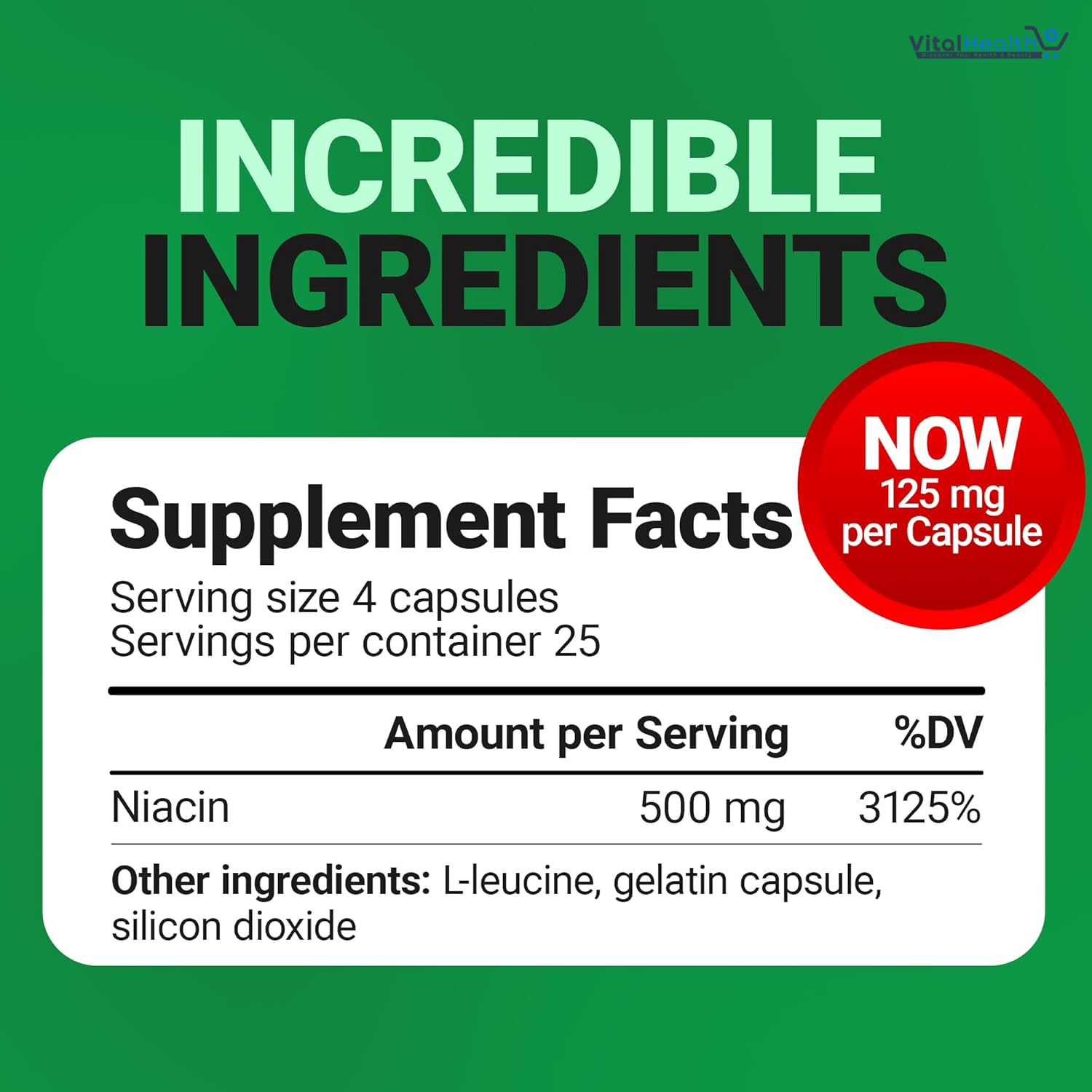 Dr Berg Niacin (Flushing Form) — Vitamin B3 500 mg per serving — Now only 125 mg per capsule - 100 Capsules thumbnail 5