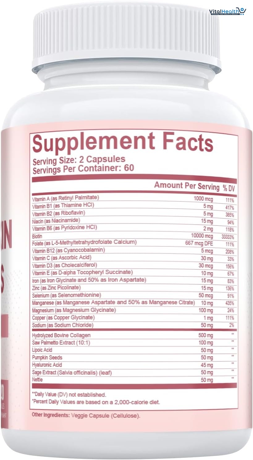 Hair Skin and Nails Vitamins with Biotin, Collagen &amp; Hyaluronic Acid, Supports Healthy Hair Growth, Strong Nails &amp; Glowing Skin, Biotin Supplement with Vitamins A, C, D3, E, B Complex &amp; Minerals thumbnail 7
