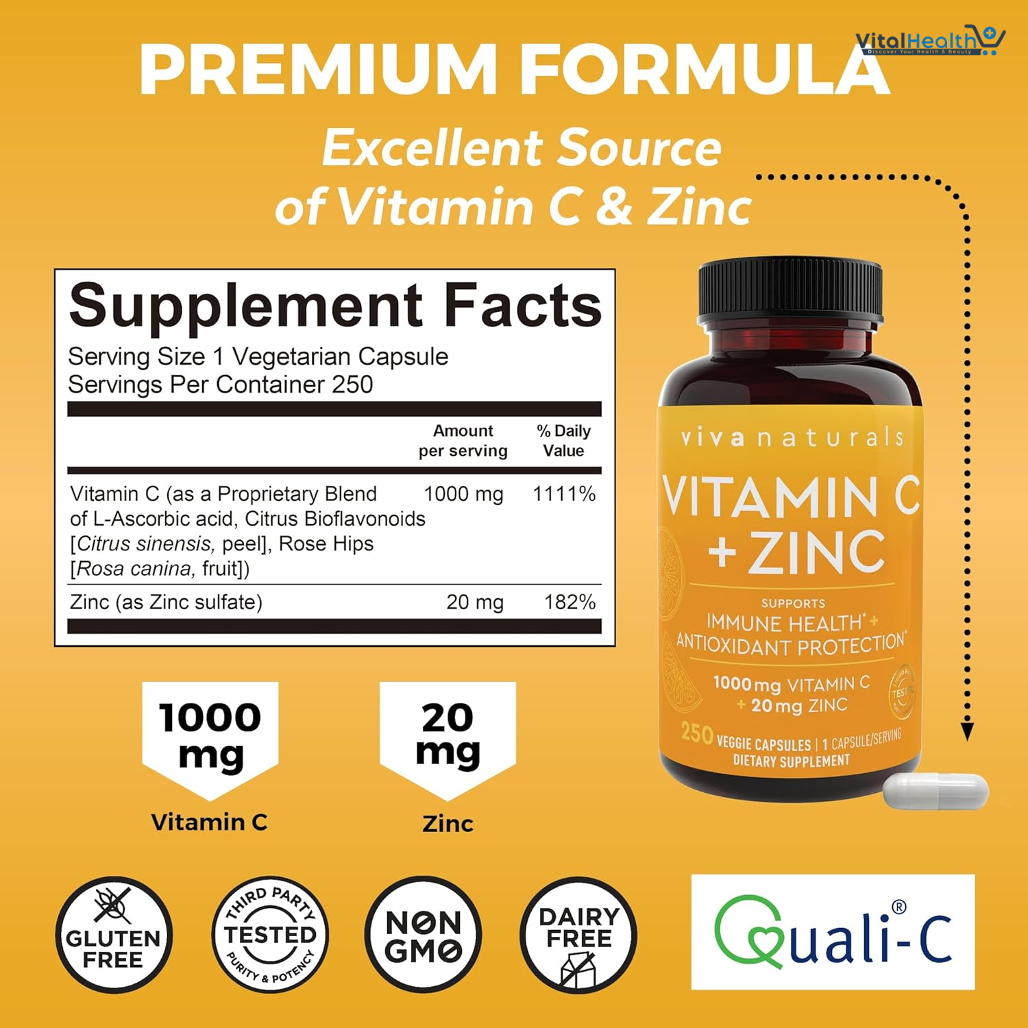 Viva Naturals Vitamin C and Zinc Supplement (250 Capsules) - 1000 mg Vitamin C with Zinc 20 mg Antioxidant Supplements for Immune Support, Vitamin Supplement for Adults thumbnail 4
