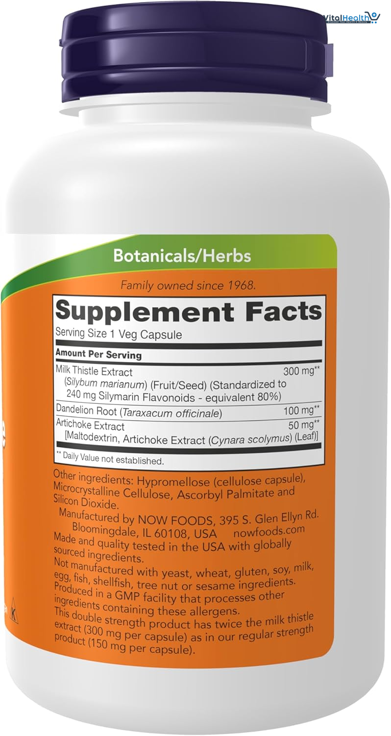 NOW Foods Supplements, Silymarin Milk Thistle Extract 300 mg with Artichoke and Dandelion, Double Strength, Supports Liver Function, 200 Veg Capsules thumbnail 2