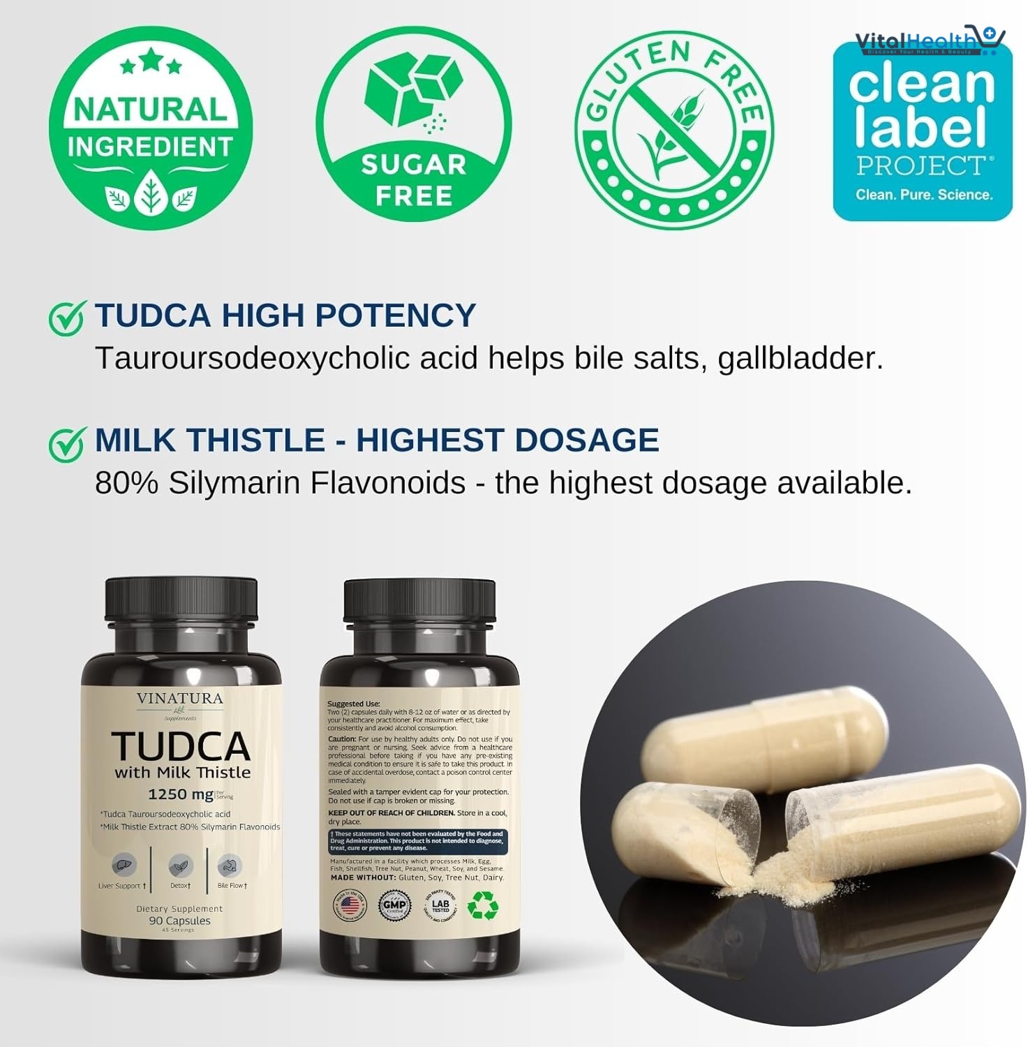 Vinatura TUDCA With Milk Thistle 1250mg _ 90 Capsules thumbnail 2