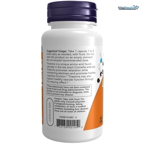 NOW Foods Supplements, L-Theanine 100 mg with Decaf Green Tea, Stress Management, 90 Veg Capsules thumbnail 2