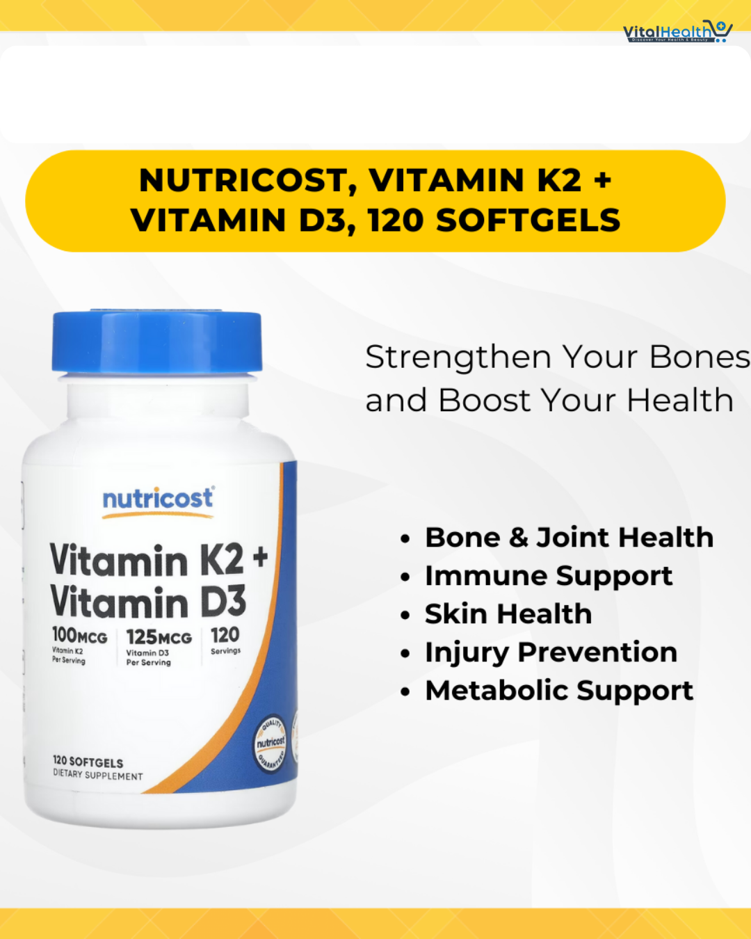 Nutricost Vitamin K2 (MK7) (100mcg) + Vitamin D3 (5000 IU) 120 Softgels - Gluten Free and Non-GMO thumbnail 5