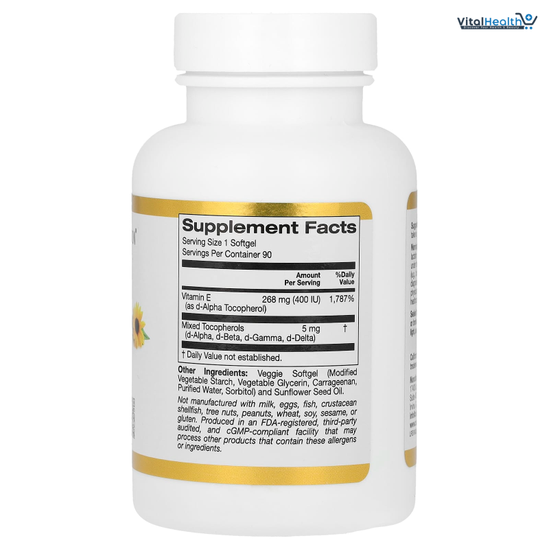 California Gold Nutrition Sunflower Vitamin E with Mixed Tocopherols, 400 IU, 90 Veggie Softgels thumbnail 2