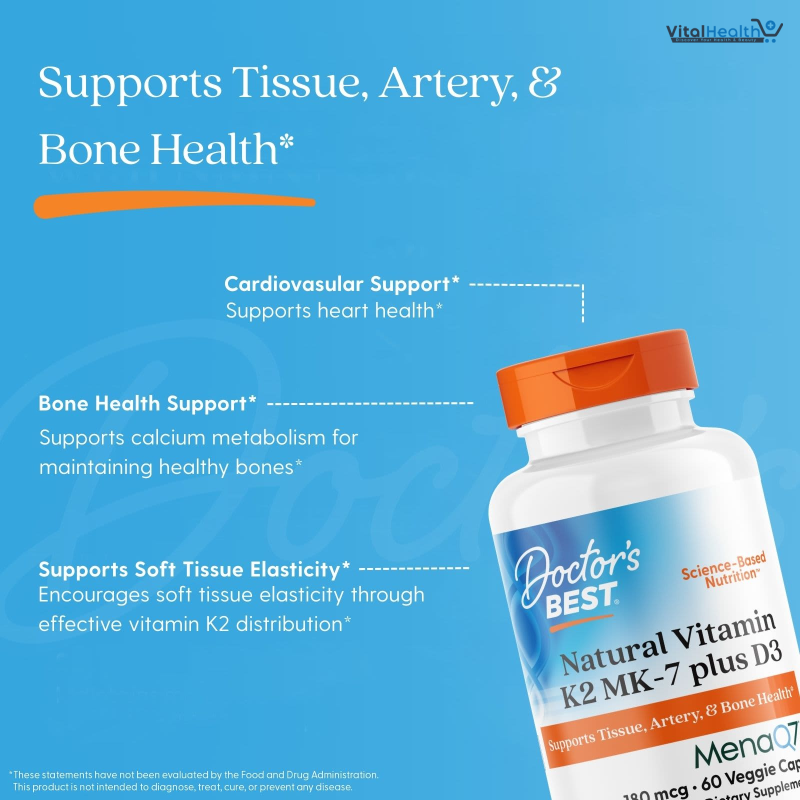 Doctor's Best Natural Vitamin K2 MK-7 Plus D3 - VIT D3 and K2 MK7 Supplement for Men &amp; Women 60 Veg Caps thumbnail 3