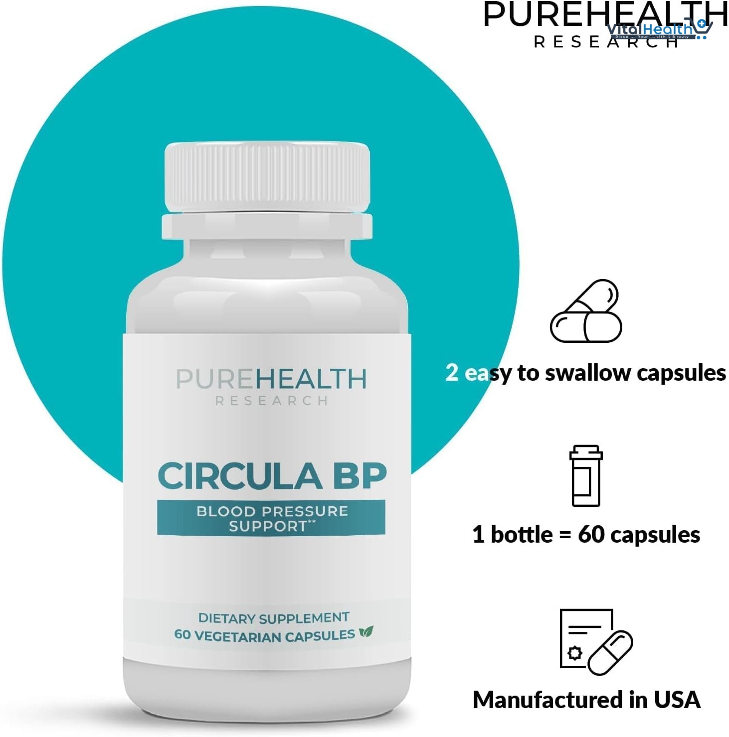Circula BP by PureHealth Research - Potent Nutrients Support Heart Mechanisms and Functions at The Cellular Level, Helps to Lower Diastolic and Systolic Numbers, 60 Capsules thumbnail 6