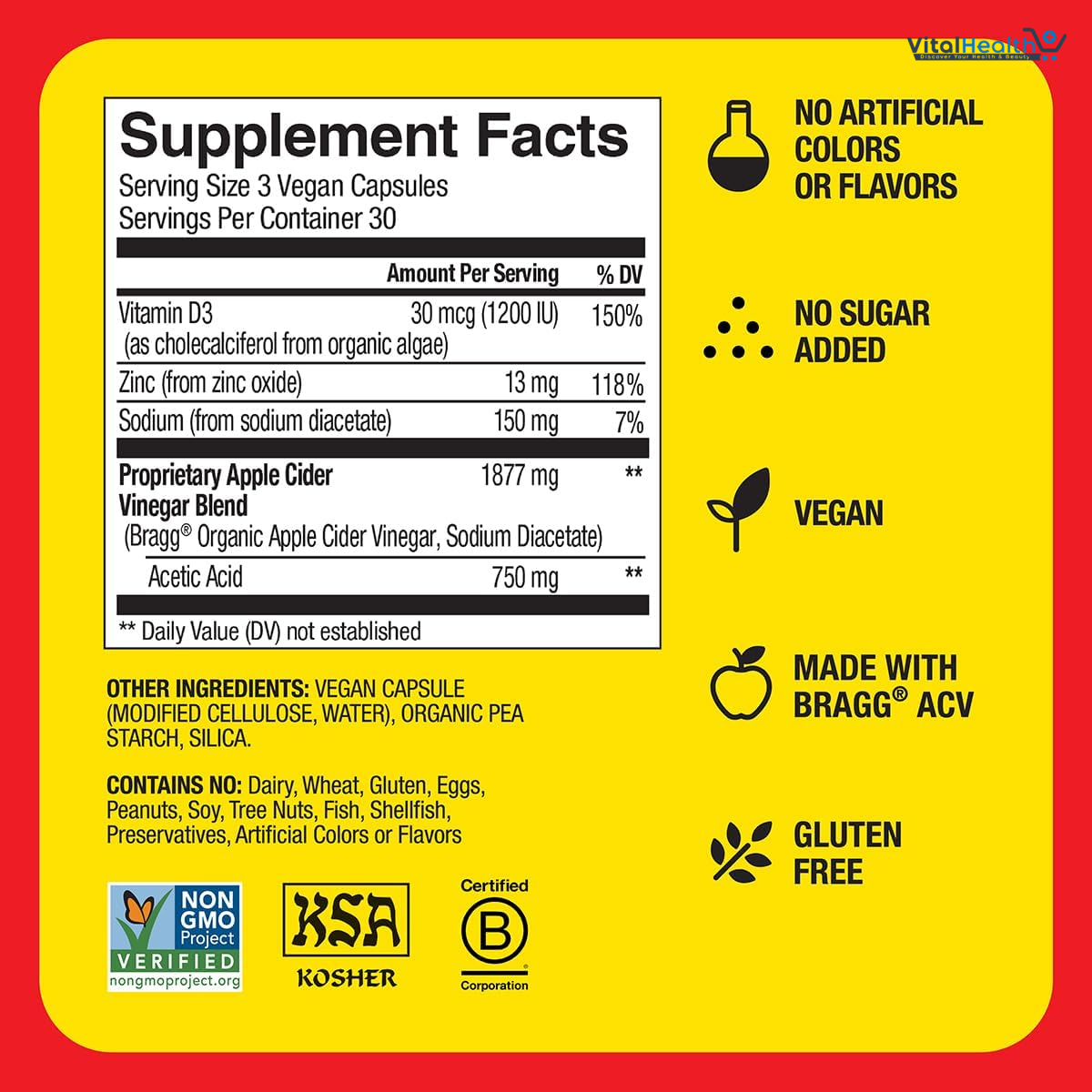 Bragg Organic Apple Cider Vinegar Capsules with Vitamin D and Zinc - 90 Count - Supports Immune System thumbnail 6