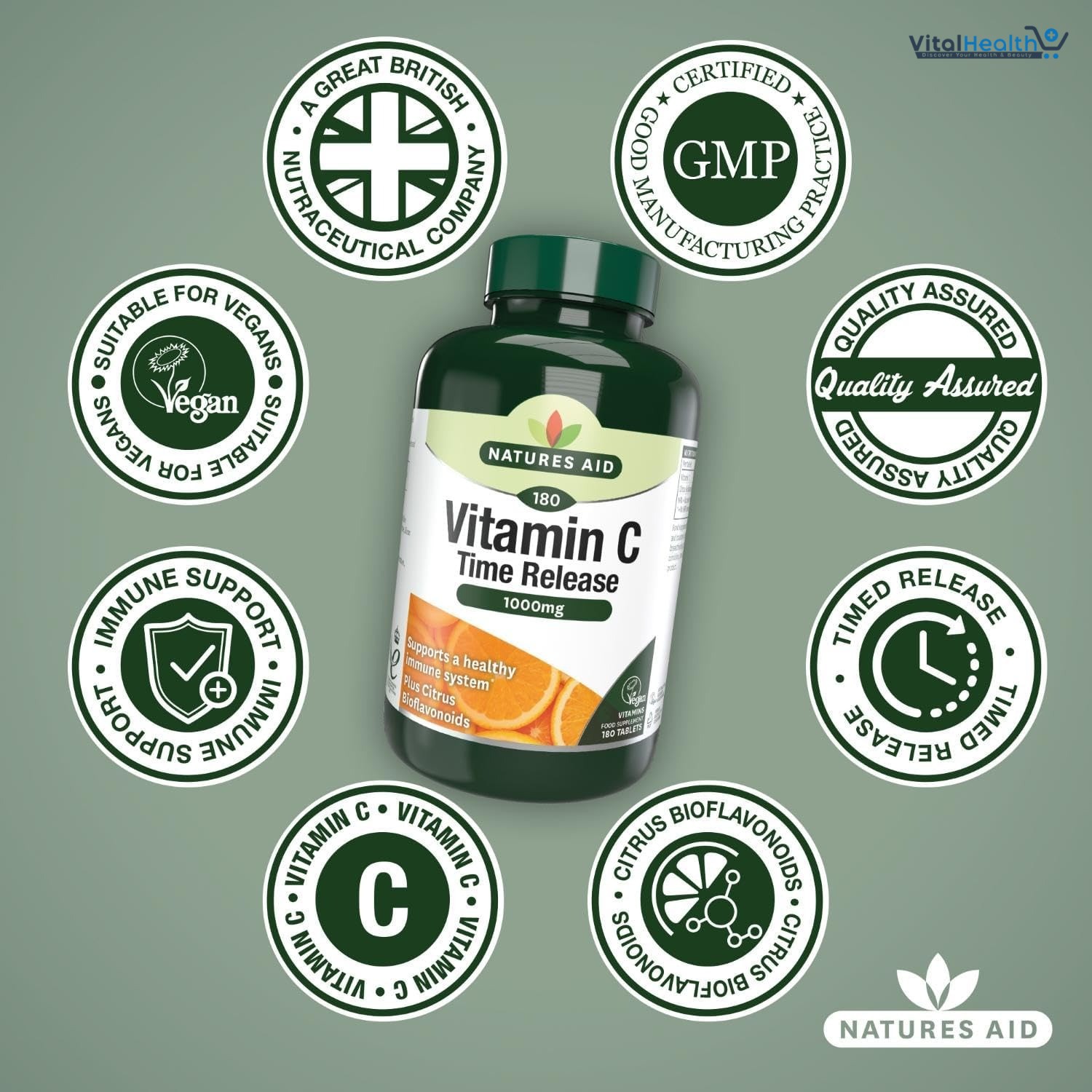 Natures Aid Vitamin C 1000mg Time Release - High Strength with Bioflavonoids 180 Tablets thumbnail 2