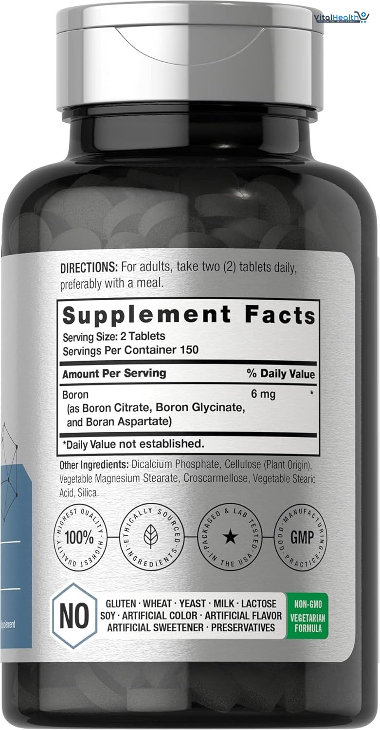 Horbäach Triple Boron Complex 6 mg Supplement | 300 Tablets | for Men and Women | Vegetarian, Non-GMO &amp; Gluten Free | Triple Action Boron Citrate, Boron Glycinate, Boron Asparate thumbnail 3