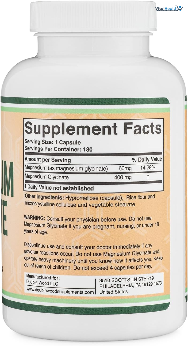 Double Wood Magnesium Glycinate 400mg 180 Capsules | Sleep, Muscle, &amp; Heart Support thumbnail 2