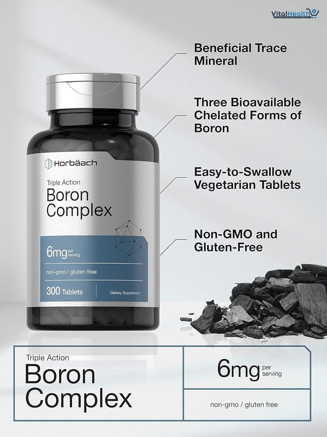 Horbäach Triple Boron Complex 6 mg Supplement | 300 Tablets | for Men and Women | Vegetarian, Non-GMO &amp; Gluten Free | Triple Action Boron Citrate, Boron Glycinate, Boron Asparate thumbnail 4