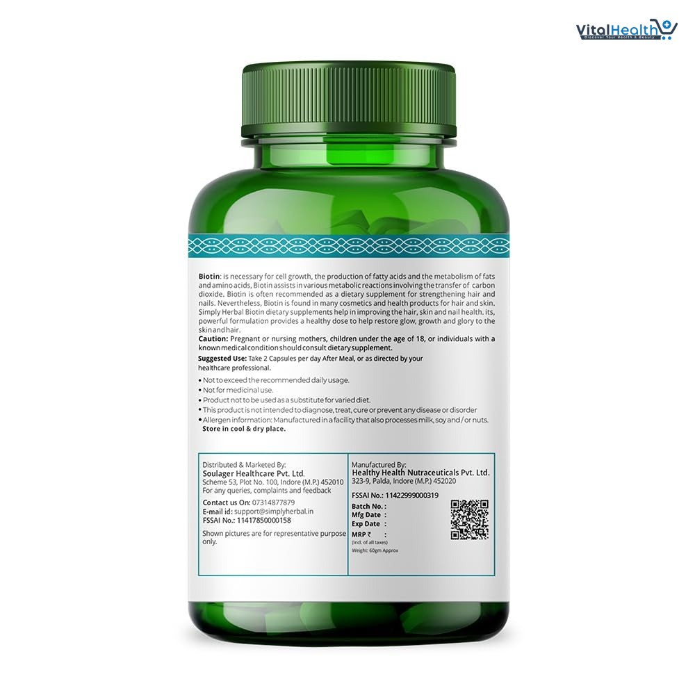 Simply Herbal Natural Biotin Vitamin B7 Capsules for Hair &amp; Skin Enriched With Keratin + Multivitamin + Amino For Men Women (90 Capsules) thumbnail 6