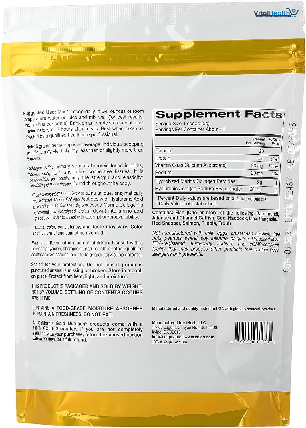 California Gold Nutrition CollagenUP®, Hydrolyzed Marine Collagen Peptides with Hyaluronic Acid and Vitamin C, Unflavored, 7.26 oz (206 g) thumbnail 3
