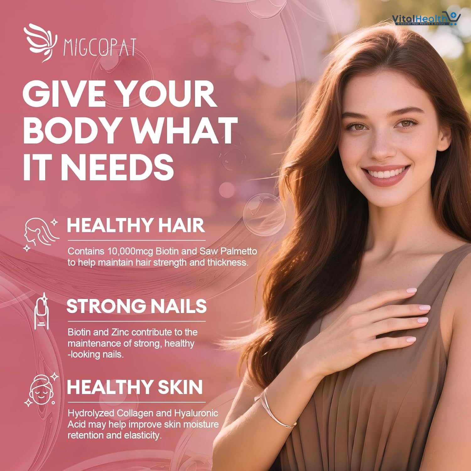 Hair Skin and Nails Vitamins with Biotin, Collagen &amp; Hyaluronic Acid, Supports Healthy Hair Growth, Strong Nails &amp; Glowing Skin, Biotin Supplement with Vitamins A, C, D3, E, B Complex &amp; Minerals thumbnail 6