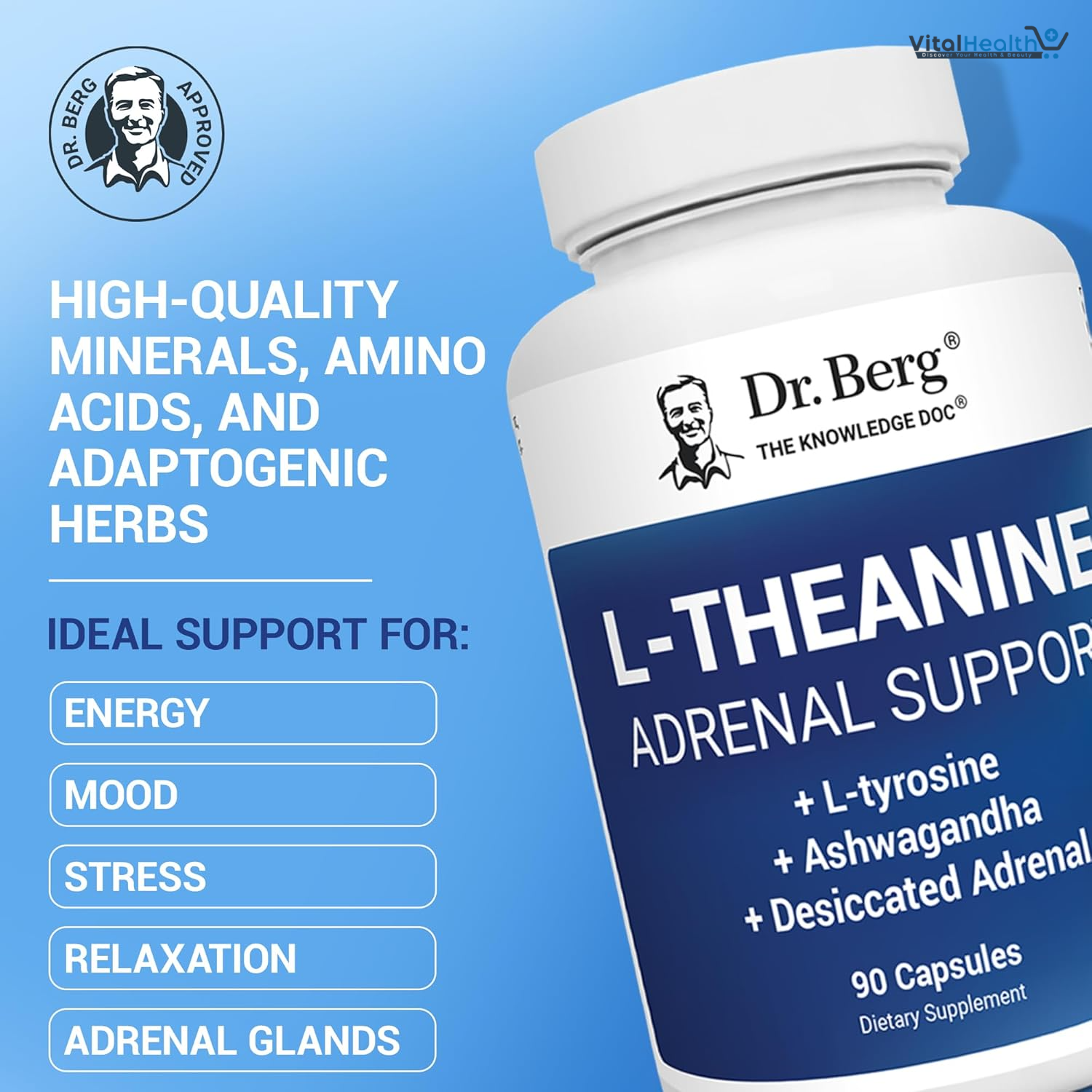 Dr. Berg L-Theanine 200mg - Includes Zinc, Copper, L-Tyrosine, &amp; Ashwagandha – L-Theanine Supplement Adrenal Support - for Relaxation, Stress Relief, and Mental Clarity* – 90 Gelatin Capsules thumbnail 2
