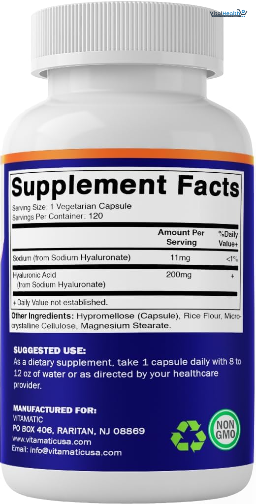 Vitamatic Hyaluronic Acid Supplements 200mg - Supports Healthy Connective Tissue and Joints - Promote Youthful Healthy Skin - 120 Capsules thumbnail 8